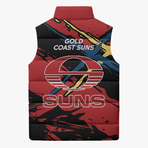 Gold Coast Suns Sleeveless Puffer Jacket Suns Muscular Mascot Graphic - Abstract Paint Splatter Art