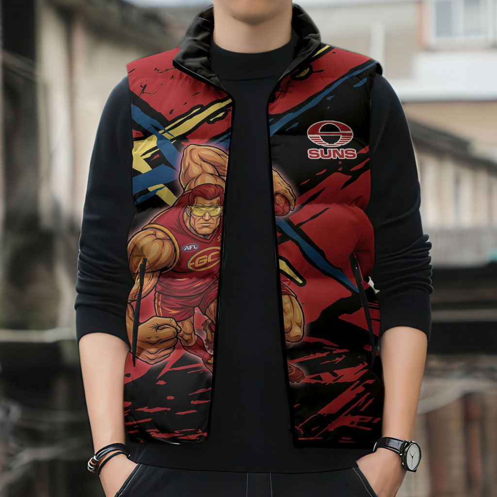 Gold Coast Suns Sleeveless Puffer Jacket Suns Muscular Mascot Graphic - Abstract Paint Splatter Art