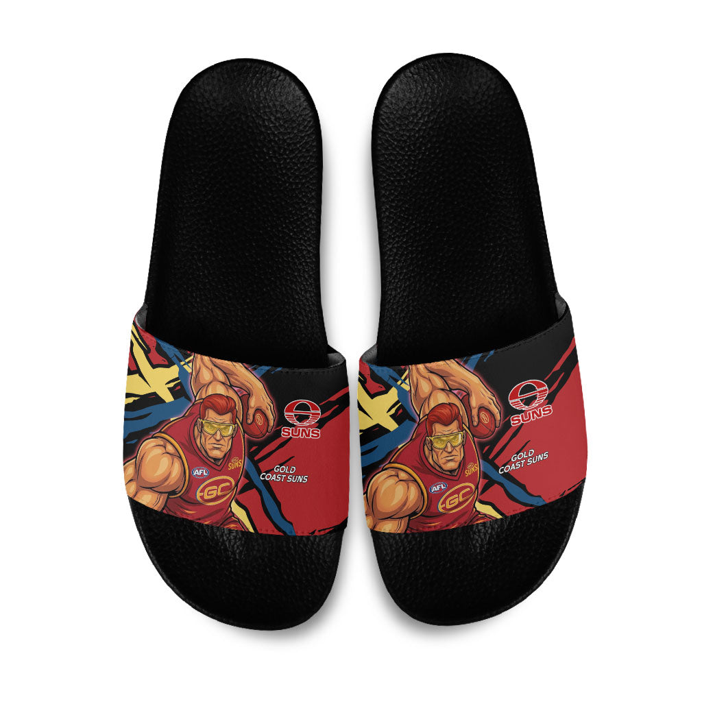 Gold Coast Suns Slide Sandals Suns Muscular Mascot Graphic - Abstract Paint Splatter Art