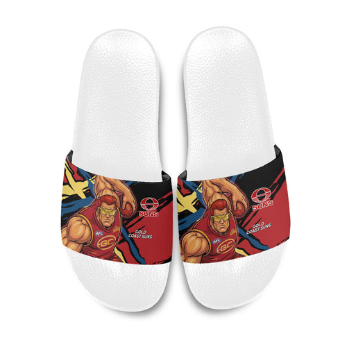 Gold Coast Suns Slide Sandals Suns Muscular Mascot Graphic - Abstract Paint Splatter Art