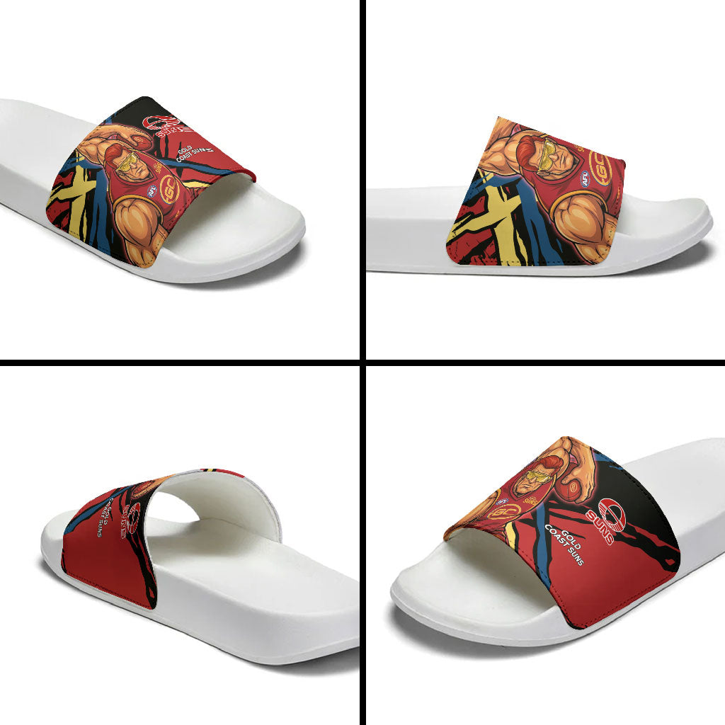 Gold Coast Suns Slide Sandals Suns Muscular Mascot Graphic - Abstract Paint Splatter Art