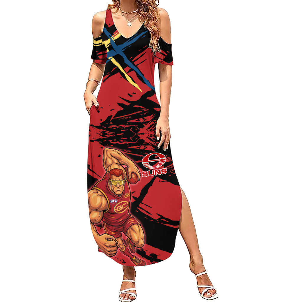 Gold Coast Suns Summer Maxi Dress Suns Muscular Mascot Graphic - Abstract Paint Splatter Art