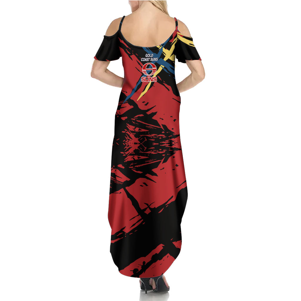 Gold Coast Suns Summer Maxi Dress Suns Muscular Mascot Graphic - Abstract Paint Splatter Art