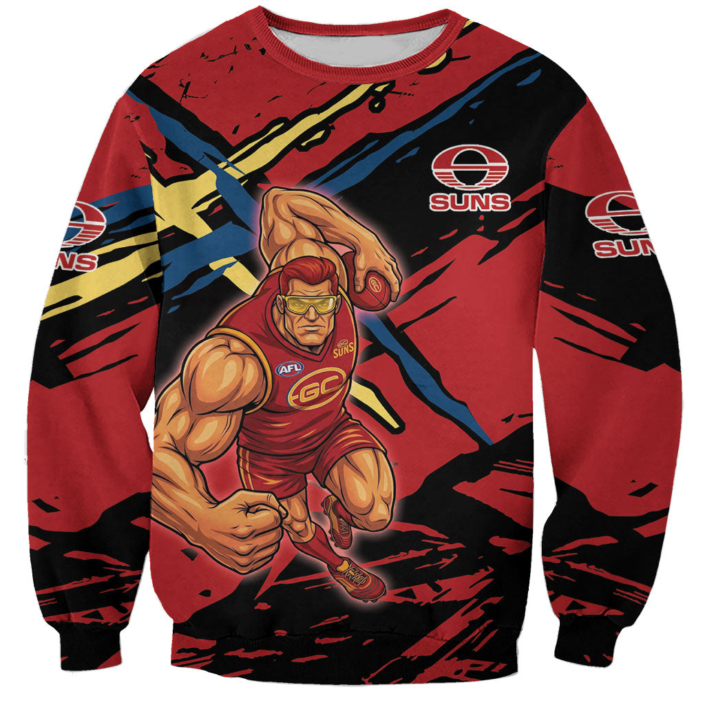Gold Coast Suns Sweatshirt Suns Muscular Mascot Graphic - Abstract Paint Splatter Art