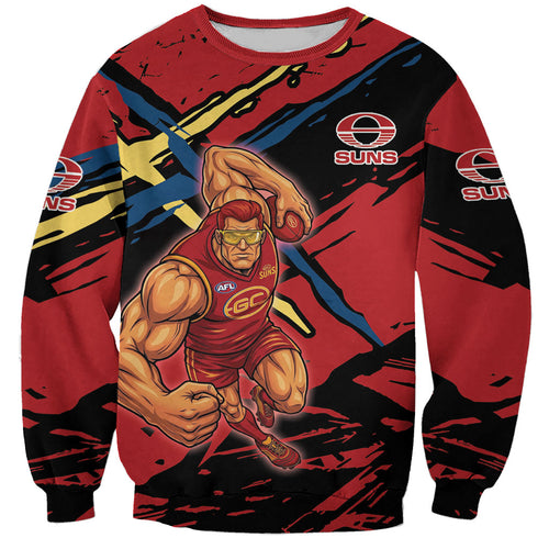Gold Coast Suns Sweatshirt Suns Muscular Mascot Graphic - Abstract Paint Splatter Art