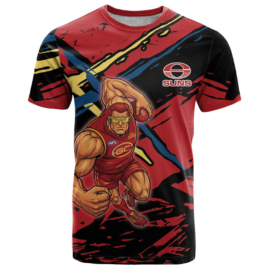 Gold Coast Suns T Shirt Suns Muscular Mascot Graphic - Abstract Paint Splatter Art