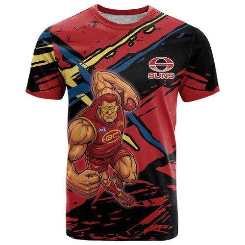 Gold Coast Suns T Shirt Suns Muscular Mascot Graphic - Abstract Paint Splatter Art