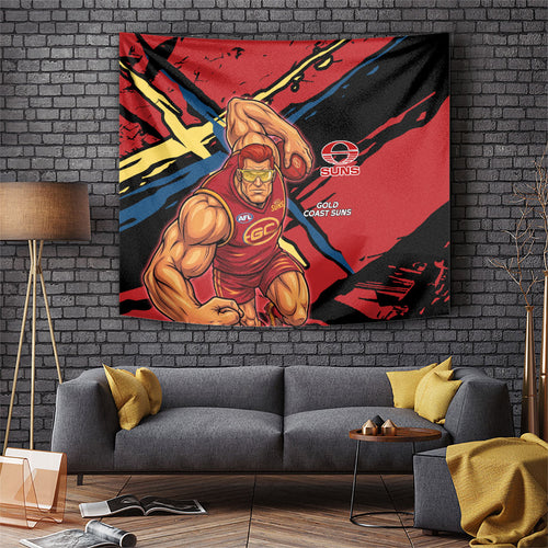 Gold Coast Suns Tapestry Suns Muscular Mascot Graphic - Abstract Paint Splatter Art