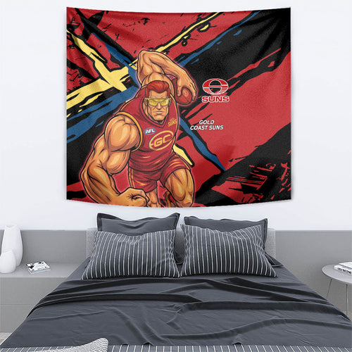 Gold Coast Suns Tapestry Suns Muscular Mascot Graphic - Abstract Paint Splatter Art