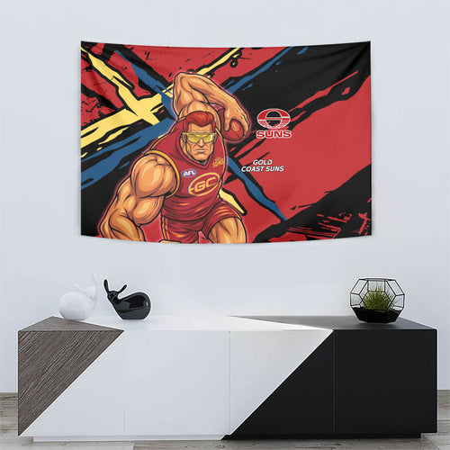 Gold Coast Suns Tapestry Suns Muscular Mascot Graphic - Abstract Paint Splatter Art