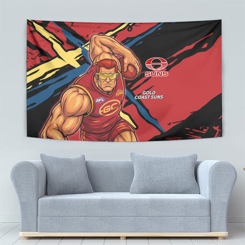 Gold Coast Suns Tapestry Suns Muscular Mascot Graphic - Abstract Paint Splatter Art