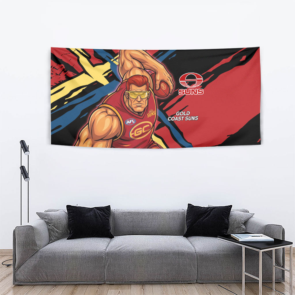 Gold Coast Suns Tapestry Suns Muscular Mascot Graphic - Abstract Paint Splatter Art