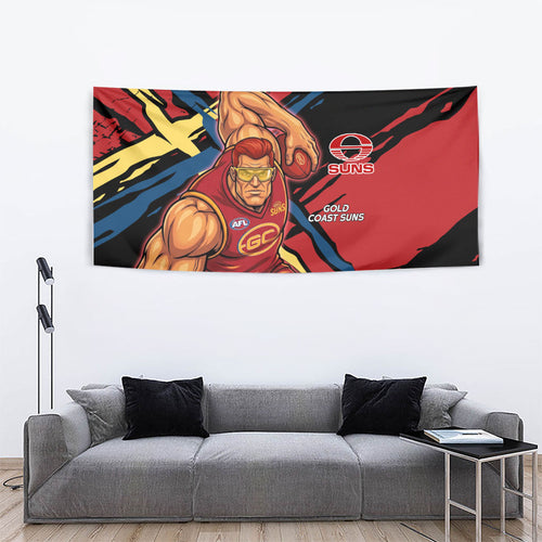 Gold Coast Suns Tapestry Suns Muscular Mascot Graphic - Abstract Paint Splatter Art