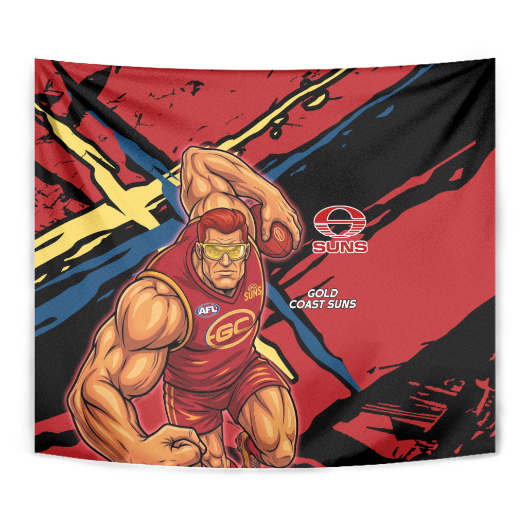 Gold Coast Suns Tapestry Suns Muscular Mascot Graphic - Abstract Paint Splatter Art