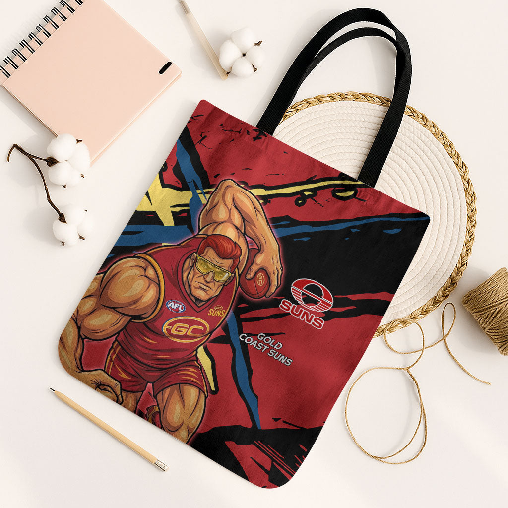 Gold Coast Suns Tote Bag Suns Muscular Mascot Graphic - Abstract Paint Splatter Art