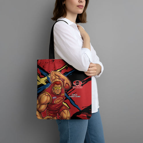 Gold Coast Suns Tote Bag Suns Muscular Mascot Graphic - Abstract Paint Splatter Art