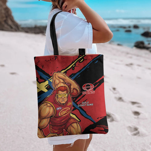 Gold Coast Suns Tote Bag Suns Muscular Mascot Graphic - Abstract Paint Splatter Art