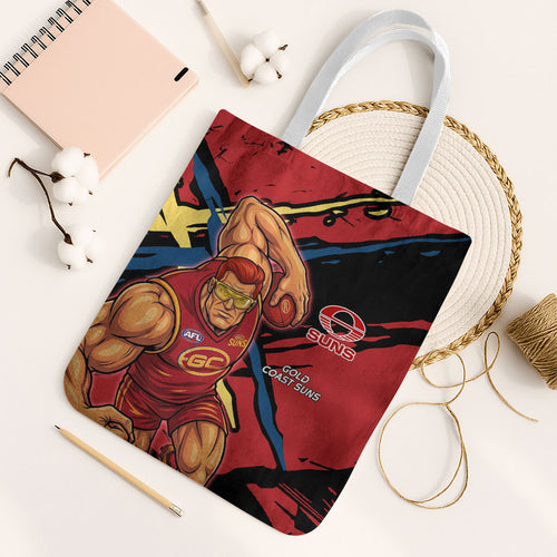 Gold Coast Suns Tote Bag Suns Muscular Mascot Graphic - Abstract Paint Splatter Art