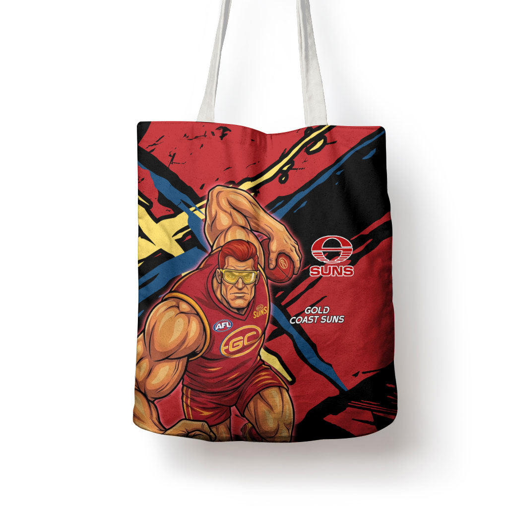 Gold Coast Suns Tote Bag Suns Muscular Mascot Graphic - Abstract Paint Splatter Art