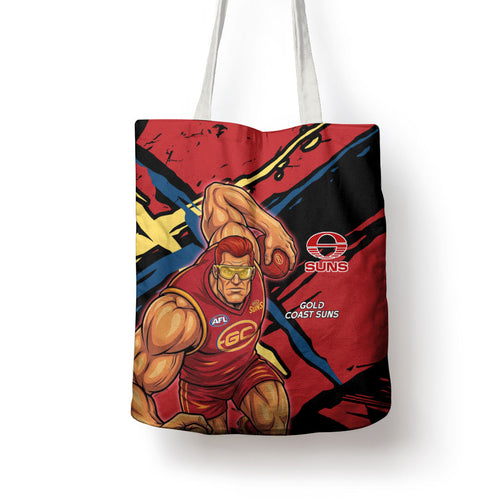 Gold Coast Suns Tote Bag Suns Muscular Mascot Graphic - Abstract Paint Splatter Art