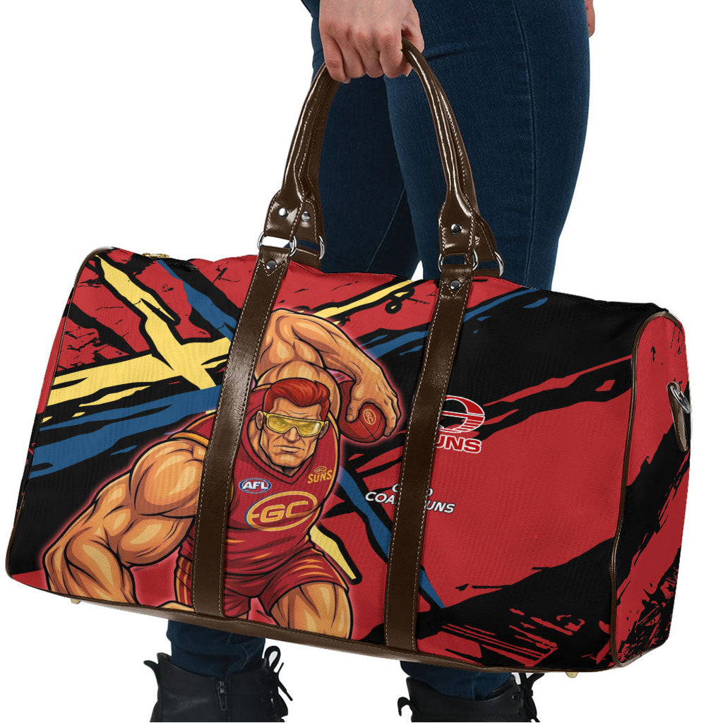 Gold Coast Suns Travel Bag Suns Muscular Mascot Graphic - Abstract Paint Splatter Art