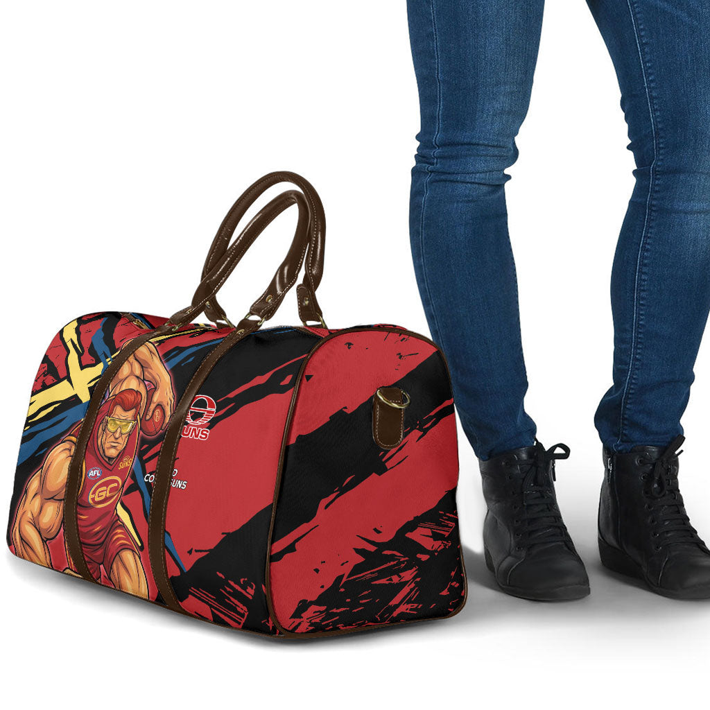 Gold Coast Suns Travel Bag Suns Muscular Mascot Graphic - Abstract Paint Splatter Art