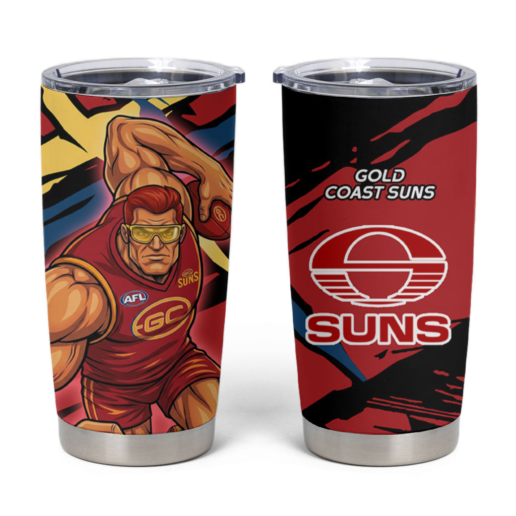 Gold Coast Suns Tumbler Cup Suns Muscular Mascot Graphic - Abstract Paint Splatter Art