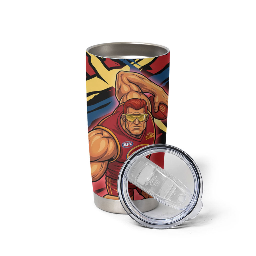 Gold Coast Suns Tumbler Cup Suns Muscular Mascot Graphic - Abstract Paint Splatter Art
