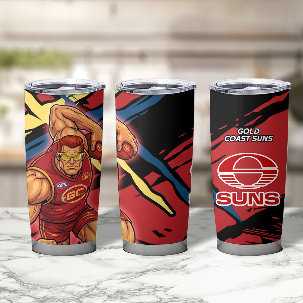 Gold Coast Suns Tumbler Cup Suns Muscular Mascot Graphic - Abstract Paint Splatter Art