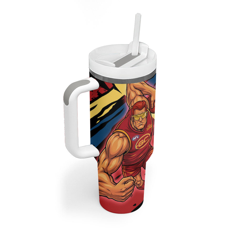 Gold Coast Suns Tumbler With Handle Suns Muscular Mascot Graphic - Abstract Paint Splatter Art