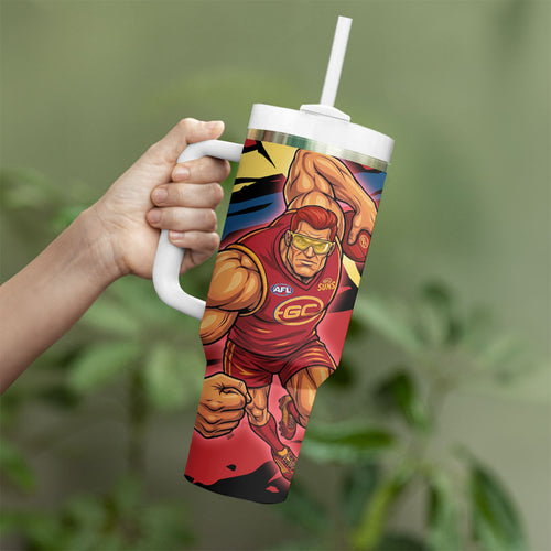Gold Coast Suns Tumbler With Handle Suns Muscular Mascot Graphic - Abstract Paint Splatter Art