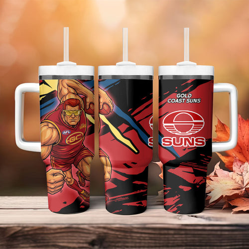 Gold Coast Suns Tumbler With Handle Suns Muscular Mascot Graphic - Abstract Paint Splatter Art