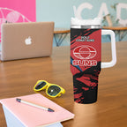 Gold Coast Suns Tumbler With Handle Suns Muscular Mascot Graphic - Abstract Paint Splatter Art