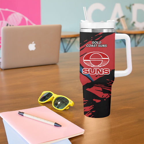 Gold Coast Suns Tumbler With Handle Suns Muscular Mascot Graphic - Abstract Paint Splatter Art