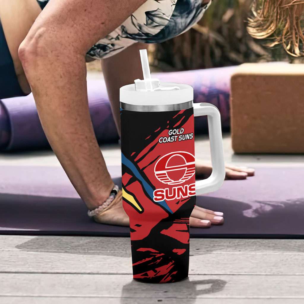 Gold Coast Suns Tumbler With Handle Suns Muscular Mascot Graphic - Abstract Paint Splatter Art