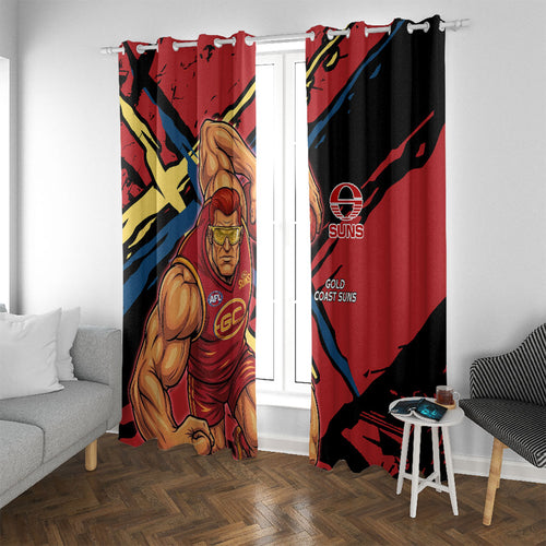 Gold Coast Suns Window Curtain Suns Muscular Mascot Graphic - Abstract Paint Splatter Art