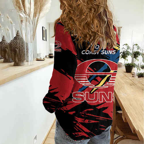 Gold Coast Suns Women Casual Shirt Suns Muscular Mascot Graphic - Abstract Paint Splatter Art