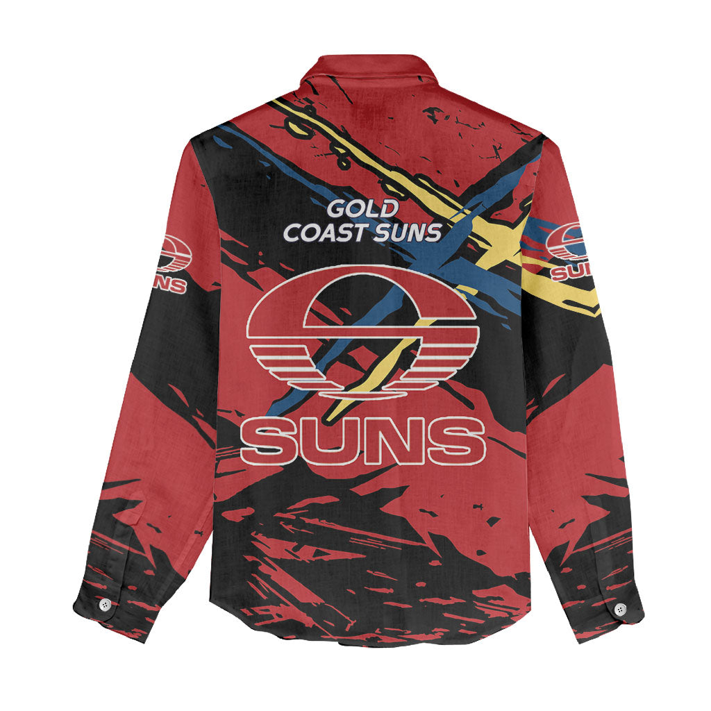 Gold Coast Suns Women Casual Shirt Suns Muscular Mascot Graphic - Abstract Paint Splatter Art