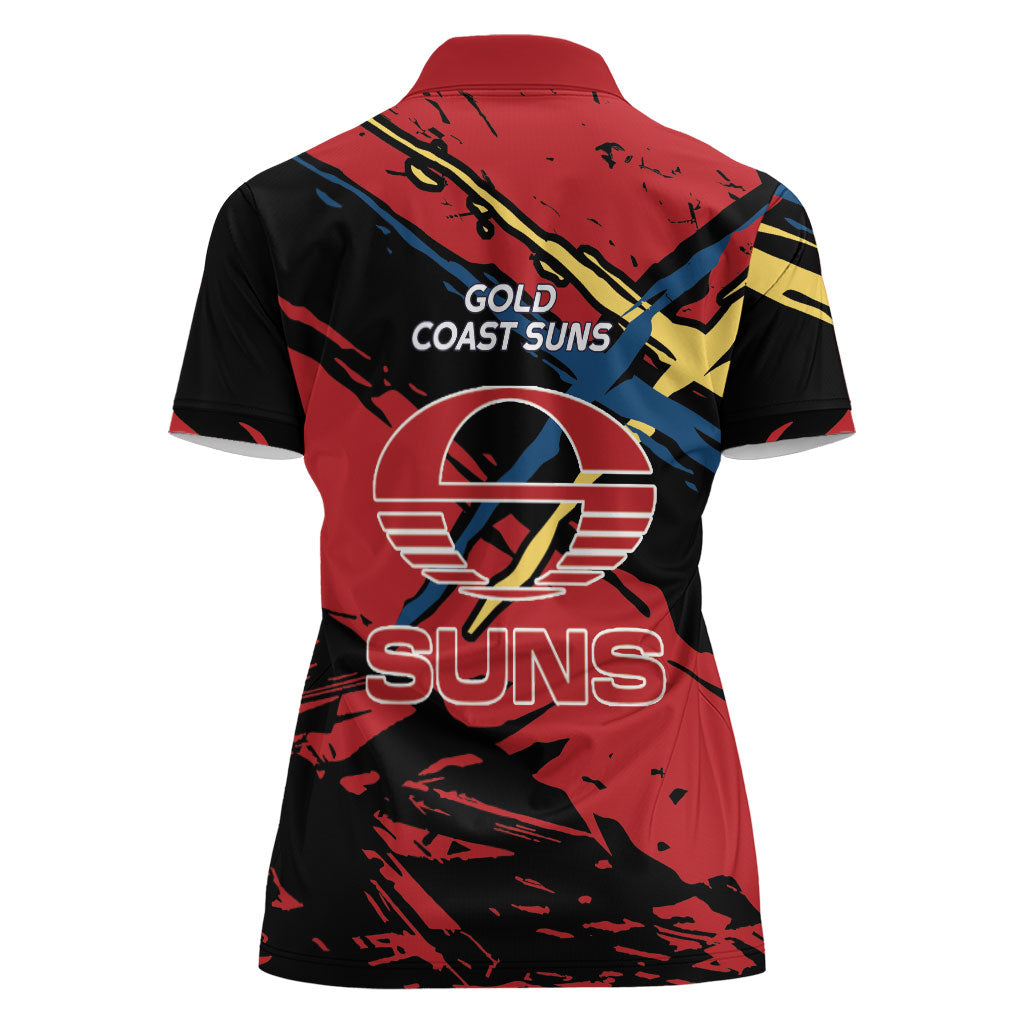 Gold Coast Suns Women Polo Shirt Suns Muscular Mascot Graphic - Abstract Paint Splatter Art