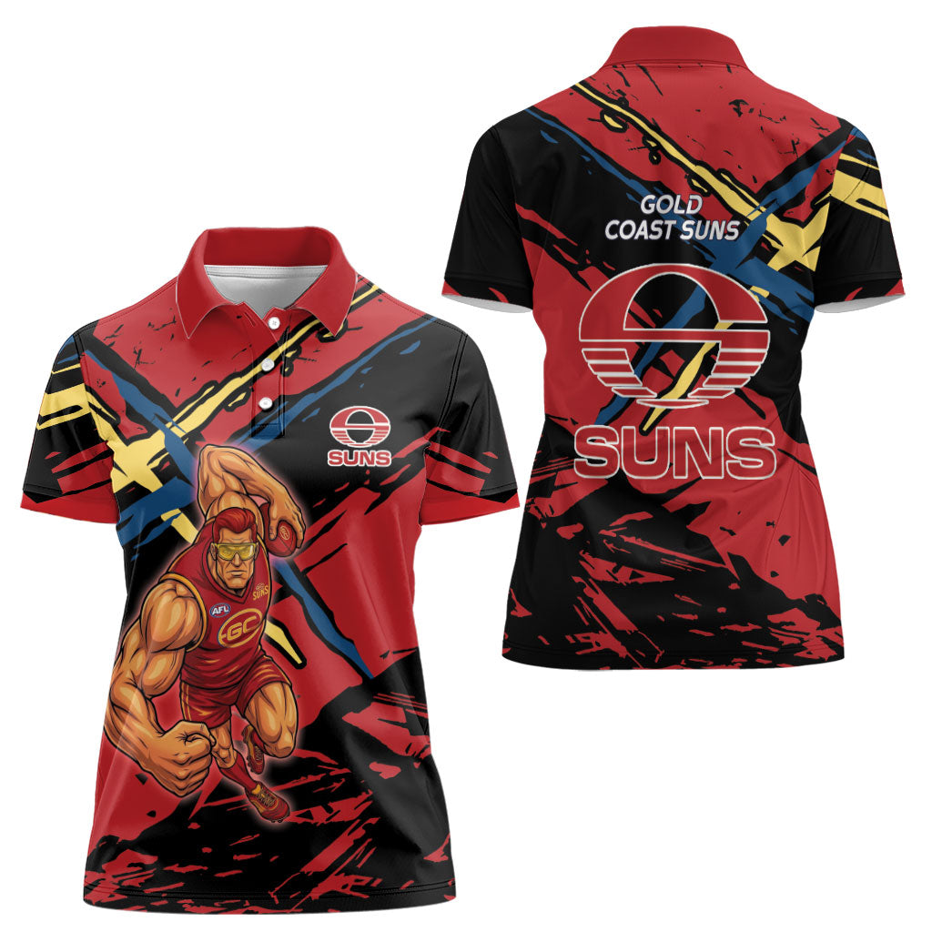 Gold Coast Suns Women Polo Shirt Suns Muscular Mascot Graphic - Abstract Paint Splatter Art
