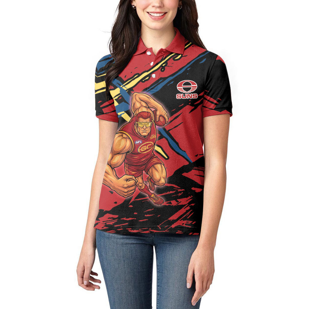 Gold Coast Suns Women Polo Shirt Suns Muscular Mascot Graphic - Abstract Paint Splatter Art