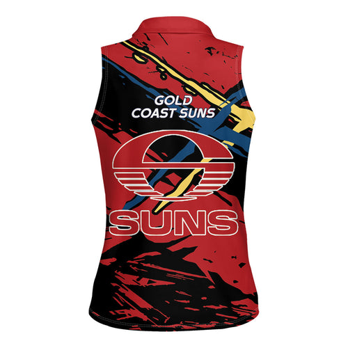 Gold Coast Suns Women Sleeveless Polo Shirt Suns Muscular Mascot Graphic - Abstract Paint Splatter Art