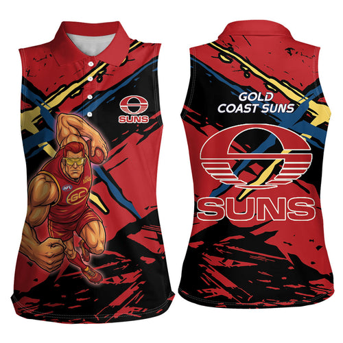 Gold Coast Suns Women Sleeveless Polo Shirt Suns Muscular Mascot Graphic - Abstract Paint Splatter Art