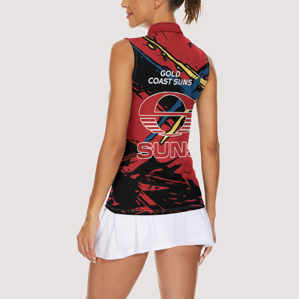 Gold Coast Suns Women Sleeveless Polo Shirt Suns Muscular Mascot Graphic - Abstract Paint Splatter Art