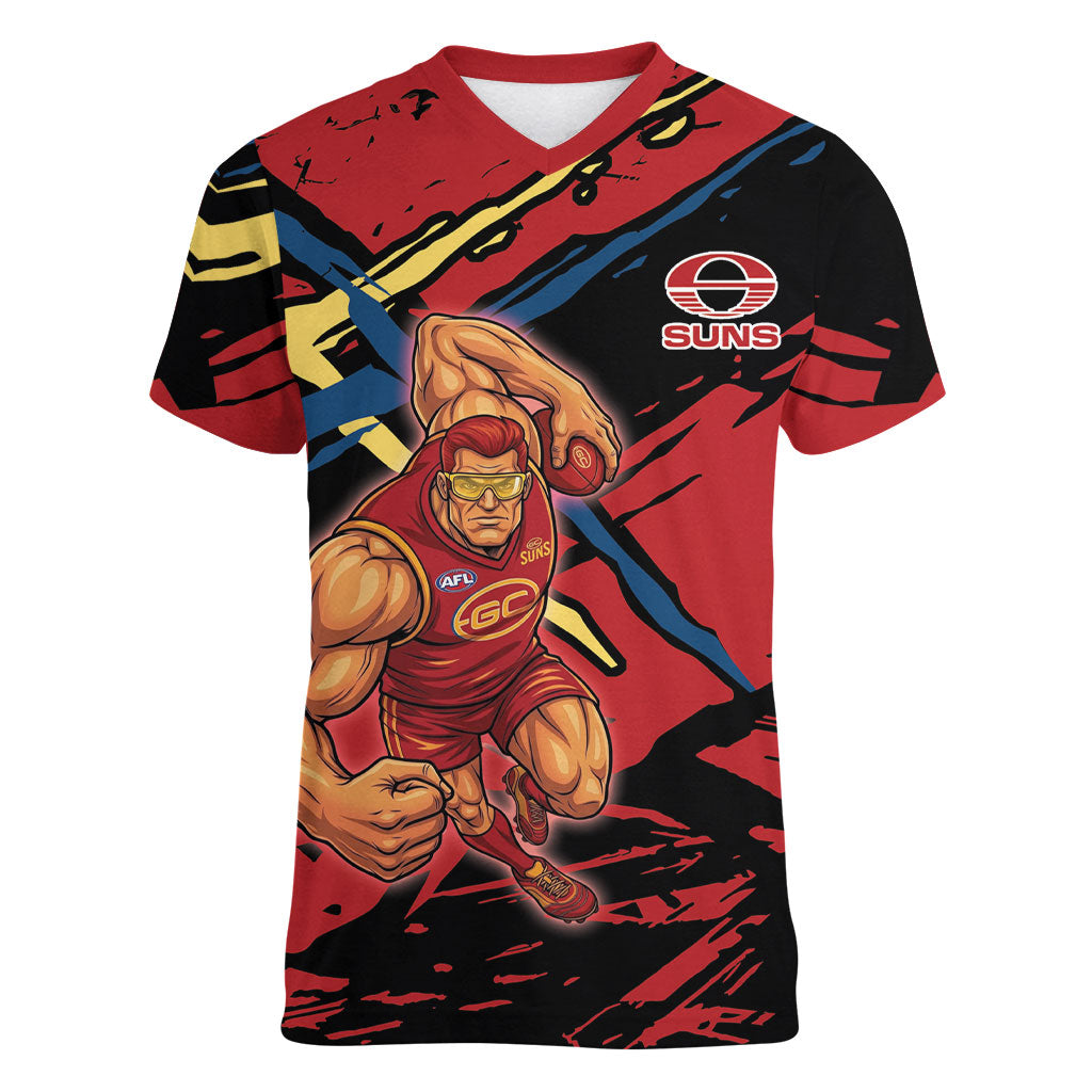 Gold Coast Suns Women V-Neck T-Shirt Suns Muscular Mascot Graphic - Abstract Paint Splatter Art