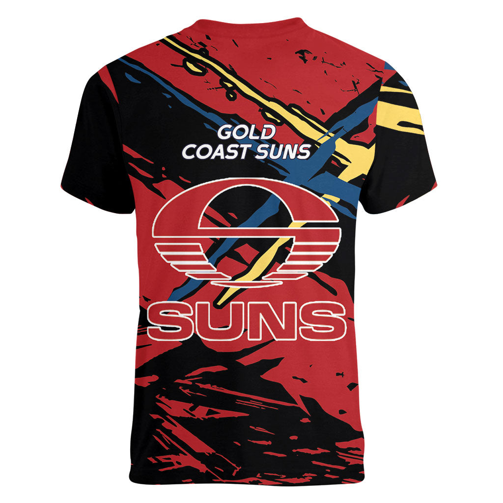 Gold Coast Suns Women V-Neck T-Shirt Suns Muscular Mascot Graphic - Abstract Paint Splatter Art