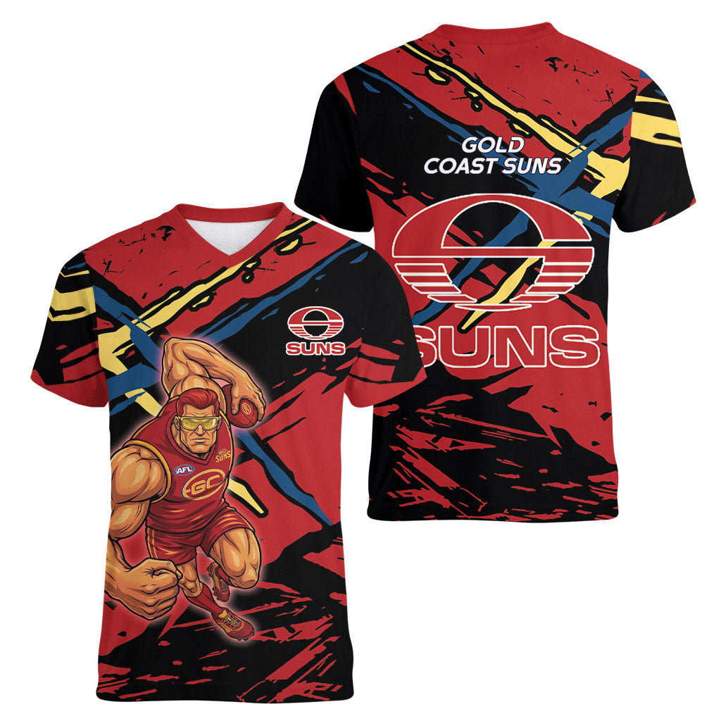 Gold Coast Suns Women V-Neck T-Shirt Suns Muscular Mascot Graphic - Abstract Paint Splatter Art