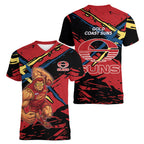 Gold Coast Suns Women V-Neck T-Shirt Suns Muscular Mascot Graphic - Abstract Paint Splatter Art