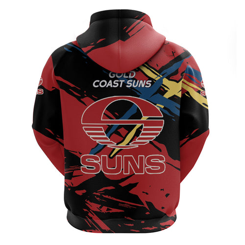 Gold Coast Suns Zip Hoodie Suns Muscular Mascot Graphic - Abstract Paint Splatter Art