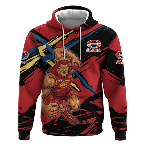 Gold Coast Suns Zip Hoodie Suns Muscular Mascot Graphic - Abstract Paint Splatter Art